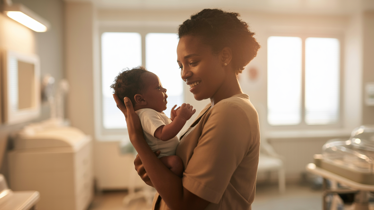 Mother lovingly holding her newborn baby at Ikhaya leMbeleko clinic